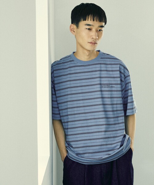 Firsthand（ファーストハンド）の「MA Firsthand/マ ファーストハンド BASICロゴ刺繍TEEボーダー / ワンポイントロゴ刺繍ボーダーTシャツ / 半袖 / リラックスシルエット（Tシャツ/カットソー・メンズ・ホワイト/ブラック/サックスブルー・S/M/L）」の9枚目の写真