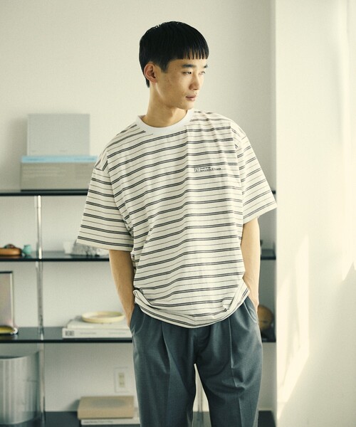 Firsthand（ファーストハンド）の「MA Firsthand/マ ファーストハンド BASICロゴ刺繍TEEボーダー / ワンポイントロゴ刺繍ボーダーTシャツ / 半袖 / リラックスシルエット（Tシャツ/カットソー・メンズ・ホワイト/ブラック/サックスブルー・S/M/L）」の13枚目の写真