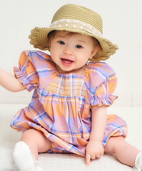 アンティークロンパース　スモッキング　刺繍 SALEフリルスモッキング刺繍ロンパース