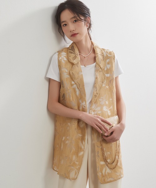 ベスト ジレ On One's Own 花柄オパール加工 軽やかシアーベスト レディース On One's Own 花柄オパール加工 軽やかシアーベスト（ベスト