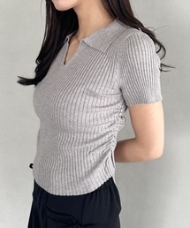 襟付きVネック半袖トップス ポロニット
