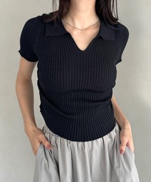 襟付きVネック半袖トップス ポロニット