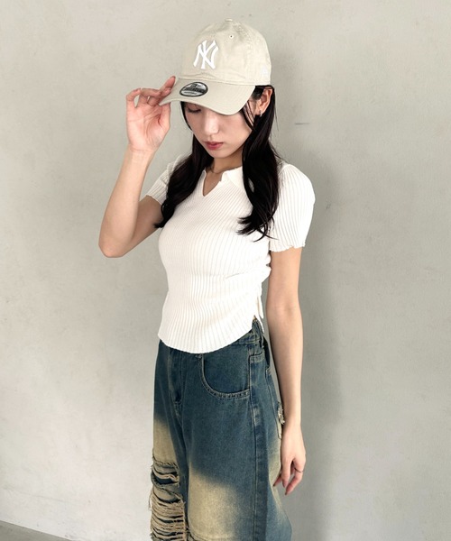 wears（ウェアーズ）の「襟付きVネック半袖トップス ポロニット（Tシャツ/カットソー・レディース・グレー/ブラック/ホワイト・FREE）」の7枚目の写真