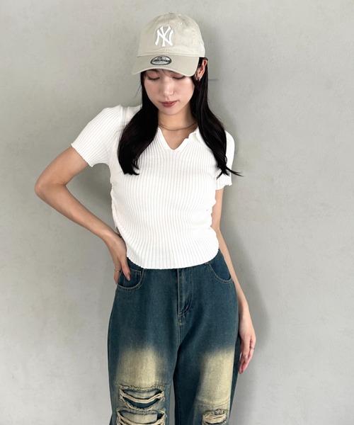 wears（ウェアーズ）の「襟付きVネック半袖トップス ポロニット（Tシャツ/カットソー・レディース・グレー/ブラック/ホワイト・FREE）」の8枚目の写真