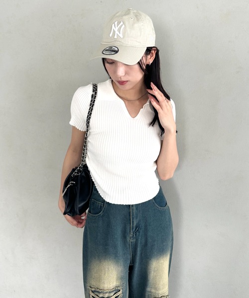 wears（ウェアーズ）の「襟付きVネック半袖トップス ポロニット（Tシャツ/カットソー・レディース・グレー/ブラック/ホワイト・FREE）」の9枚目の写真