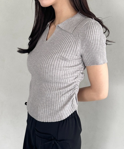 トップス シャツ Vネック 半袖 ウォッシュライントップス セール】襟付きVネック半袖トップス ポロニット(Tシャツ