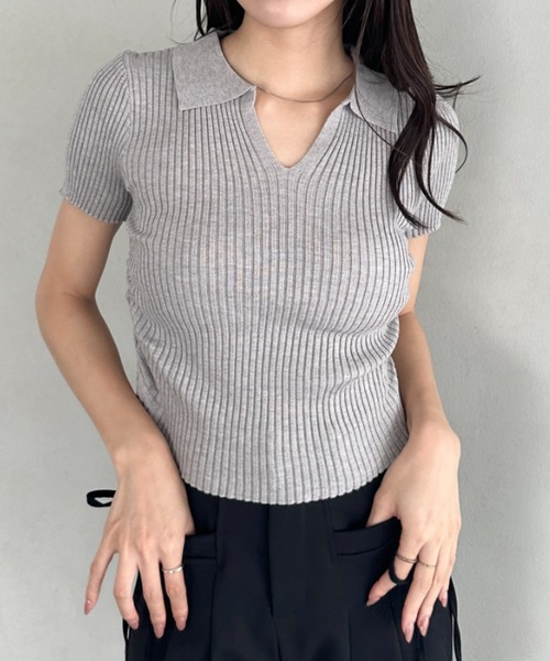 セール】襟付きVネック半袖トップス ポロニット（Tシャツ