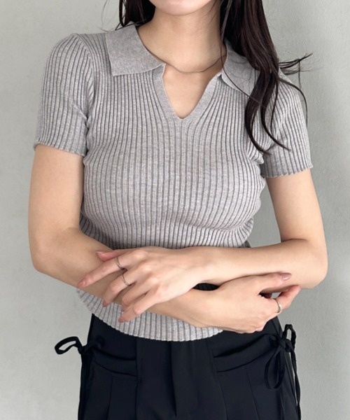 トップス シャツ Vネック 半袖 ウォッシュライントップス tシャツ 襟付きVネック半袖トップス ポロニット レディース