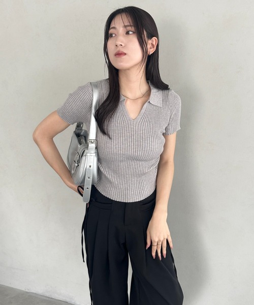 wears（ウェアーズ）の「襟付きVネック半袖トップス ポロニット（Tシャツ/カットソー・レディース・グレー/ブラック/ホワイト・FREE）」の16枚目の写真