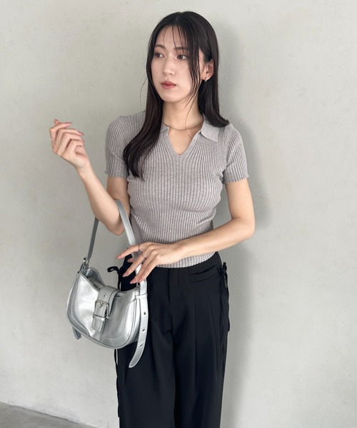 セール】襟付きVネック半袖トップス ポロニット（Tシャツ