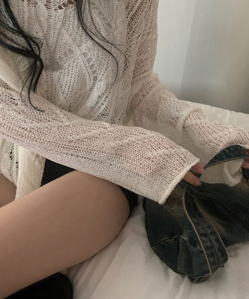 Girly Doll（ガーリードール）の「透かし編みケーブルサマーニット（ニット/セーター・レディース・オフホワイト/ブルー/ブラック・F）」の6枚目の写真