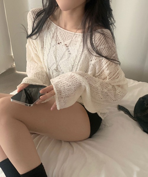 Girly Doll（ガーリードール）の「透かし編みケーブルサマーニット（ニット/セーター・レディース・オフホワイト/ブルー/ブラック・F）」の7枚目の写真