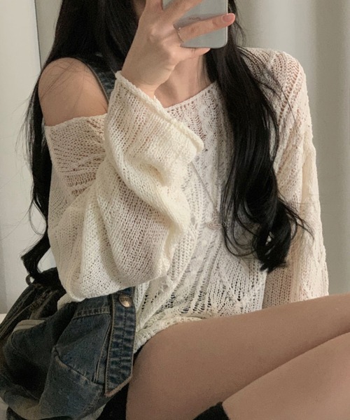 Girly Doll（ガーリードール）の「透かし編みケーブルサマーニット（ニット/セーター・レディース・オフホワイト/ブルー/ブラック・F）」の8枚目の写真