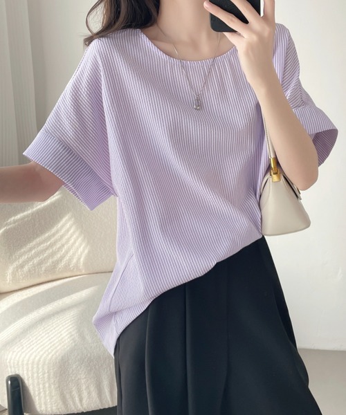 ABITOKYO(アビトーキョー)の「フレンチスリーブストライプブラウス(シャツ/ブラウス・レディース・ブルー/パープル/ブラック・XL/L/M)」の1枚目の写真