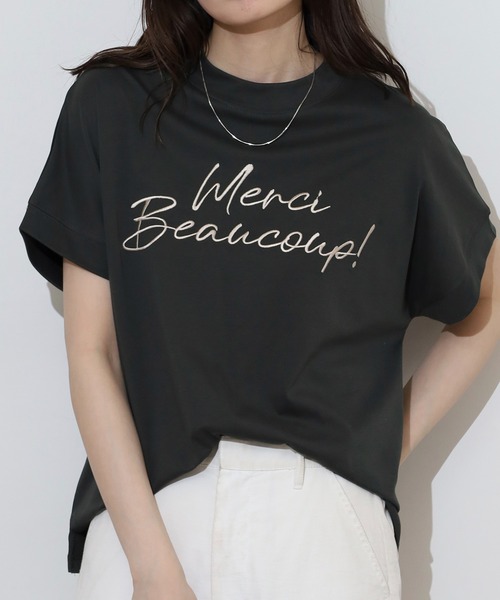 EGLANTINE(エグランティーヌ)の「EGLANTINE ロゴ半袖Tシャツ【日本製】(Tシャツ/カットソー・レディース・チャコールグレー/ダークグリーン/グレイッシュベージュ/ローズ/ライトグリーン・40)」の3枚目の写真