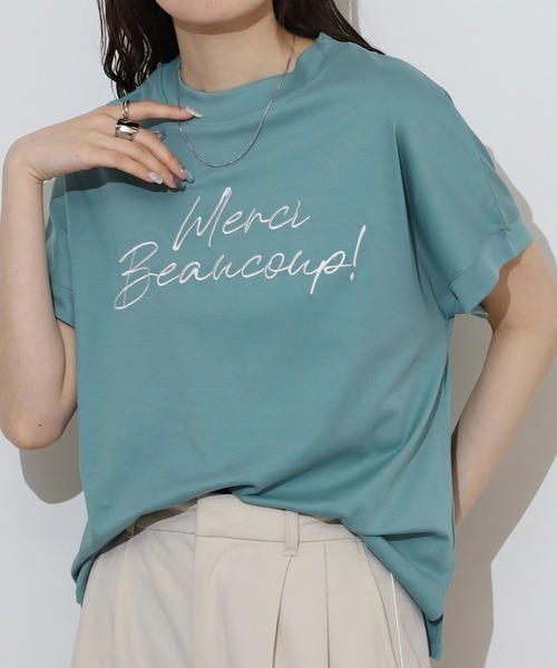 EGLANTINE(エグランティーヌ)の「EGLANTINE ロゴ半袖Tシャツ【日本製】(Tシャツ/カットソー・レディース・チャコールグレー/ダークグリーン/グレイッシュベージュ/ローズ/ライトグリーン・40)」の9枚目の写真