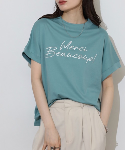 EGLANTINE(エグランティーヌ)の「EGLANTINE ロゴ半袖Tシャツ【日本製】(Tシャツ/カットソー・レディース・チャコールグレー/ダークグリーン/グレイッシュベージュ/ローズ/ライトグリーン・40)」の10枚目の写真