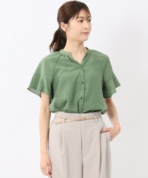 m.f.editorial | 【UVカット 高通気 イージーケア】m.f.エディトリアル レディース 袖フリル 前開き バンドカラーシャツ(シャツ/ブラウス)