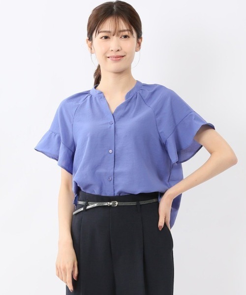 m.f.editorial(エムエフエディトリアル)の「【UVカット 高通気 イージーケア】m.f.エディトリアル レディース 袖フリル 前開き バンドカラーシャツ(シャツ/ブラウス・レディース・ブルー/グリーン系その他・MEDIUM/LARGE)」の2枚目の写真