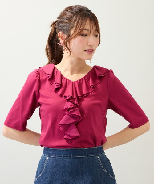 Rose Tiara(ローズティアラ)の「【接触冷感/綿100%/手洗いOK】フリルカットソー(Tシャツ/カットソー・レディース・ネイビー/ブラウン/レッド・42/46/38)」の4枚目の写真