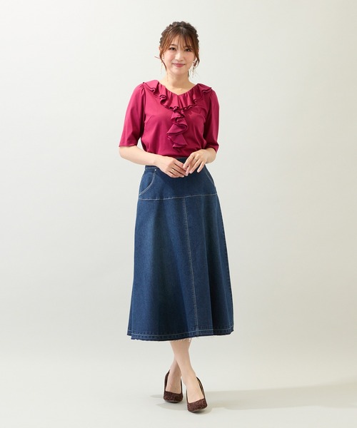 Rose Tiara(ローズティアラ)の「【接触冷感/綿100%/手洗いOK】フリルカットソー(Tシャツ/カットソー・レディース・ネイビー/ブラウン/レッド・42/46/38)」の6枚目の写真