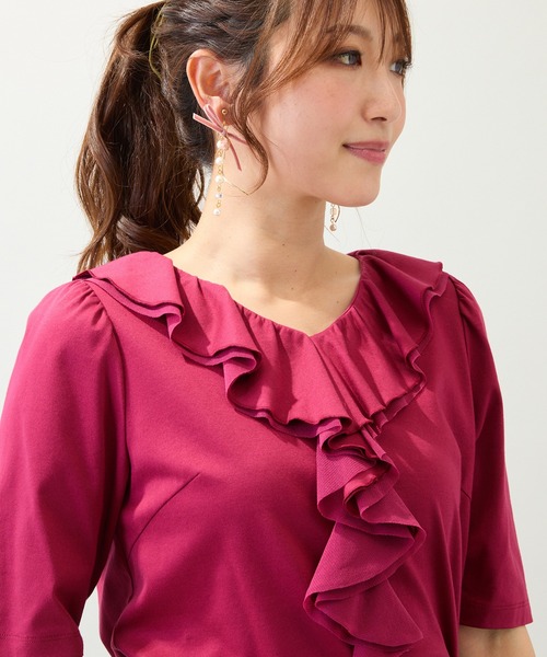 Rose Tiara(ローズティアラ)の「【接触冷感/綿100%/手洗いOK】フリルカットソー(Tシャツ/カットソー・レディース・ネイビー/ブラウン/レッド・42/46/38)」の5枚目の写真