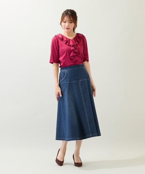 Rose Tiara(ローズティアラ)の「【接触冷感/綿100%/手洗いOK】フリルカットソー(Tシャツ/カットソー・レディース・ネイビー/ブラウン/レッド・42/46/38)」の7枚目の写真
