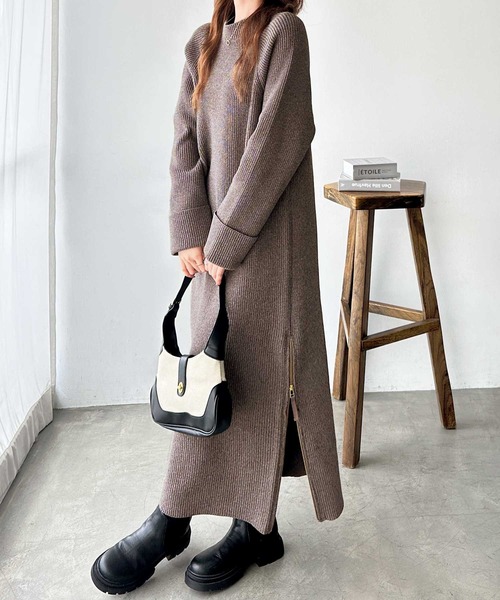 セール】【S-LLサイズ】裾ゴールドジップ使いスリットニットロング