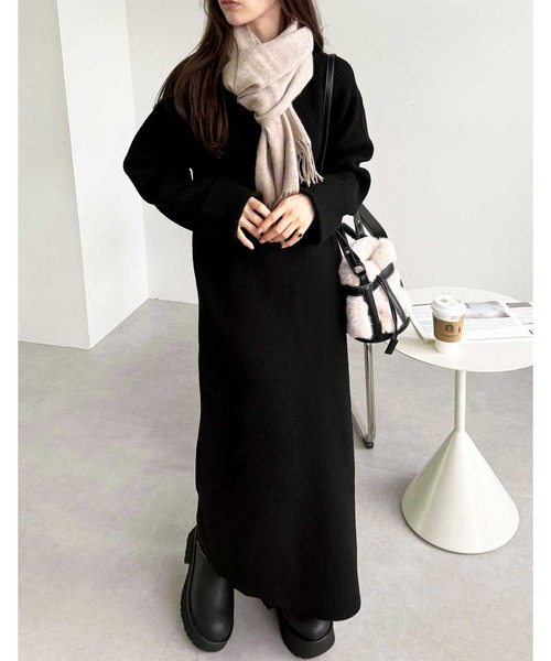 セール】【S-LLサイズ】裾ゴールドジップ使いスリットニットロング