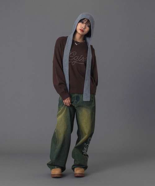 X-girl（エックスガール）の「STUDDED LOGO KNIT TOP（ニット/セーター・レディース・ブラウン/ネイビー/ブラック・ONE SIZE）」の12枚目の写真