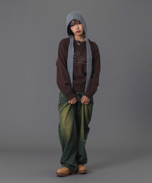 X-girl（エックスガール）の「STUDDED LOGO KNIT TOP（ニット/セーター・レディース・ブラウン/ネイビー/ブラック・ONE SIZE）」の13枚目の写真