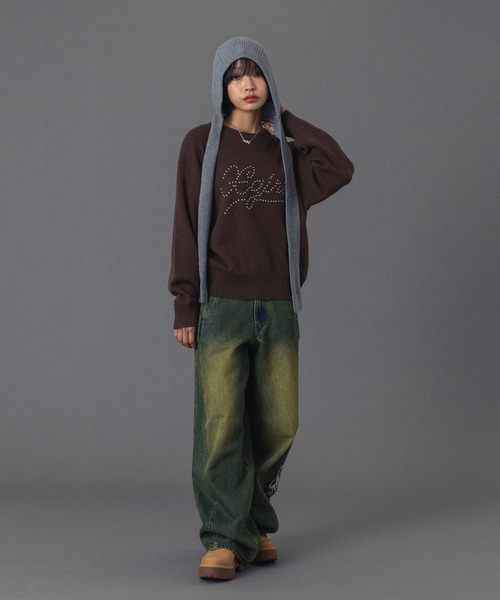 X-girl（エックスガール）の「STUDDED LOGO KNIT TOP（ニット/セーター・レディース・ブラウン/ネイビー/ブラック・ONE SIZE）」の14枚目の写真