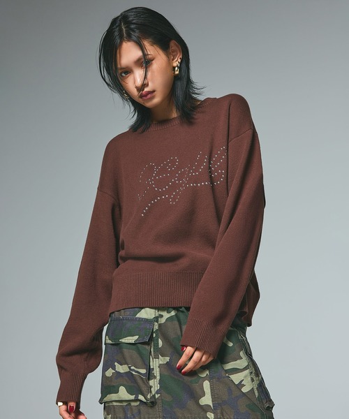 X-girl（エックスガール）の「STUDDED LOGO KNIT TOP（ニット/セーター・レディース・ブラウン/ネイビー/ブラック・ONE SIZE）」の15枚目の写真