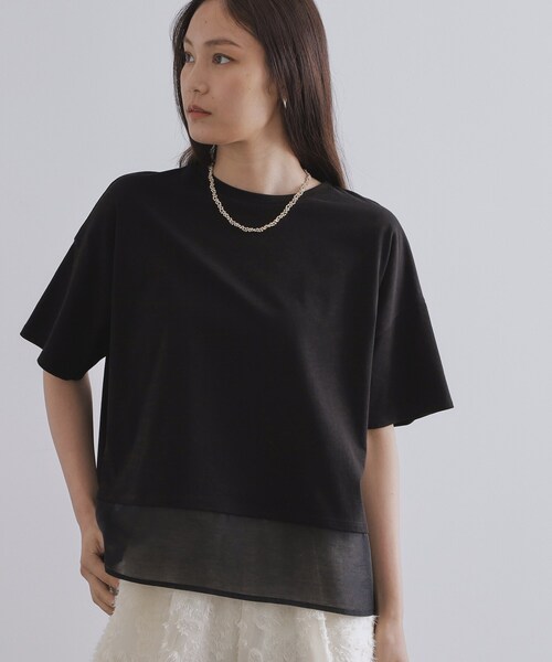 OPAQUE.CLIP(オペークドットクリップ)の「裾シアードッキングボクシーTシャツ【洗濯機洗い可】(Tシャツ/カットソー・レディース・ブラック/ホワイト・38/40)」の2枚目の写真