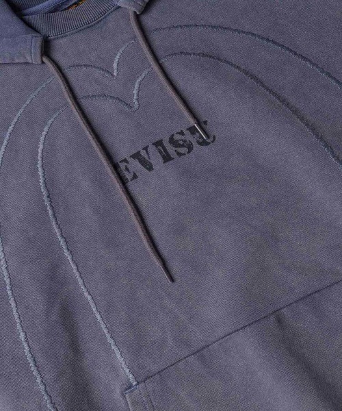 EVISU（エヴィス）の「【EVISU】HEAVY WASHED AFTER-HOOD SWEATSHIRT / ネイビー [2EAEJM5SW6119]（パーカー・メンズ・ネイビー・M/L/S/LL）」の4枚目の写真