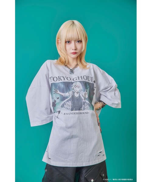 Revo.（レボ）の「『東京喰種 トーキョーグール』×『P.N UNDERGROUND ピー エヌ アンダーグラウンド』コラボ / 鈴屋什造（すずや じゅうぞう） グラフィックプリント ダメージ加工 Tシャツ（Tシャツ/カットソー・メンズ・グレー系/ホワイト/ブラック・M/L/44/46）」の6枚目の写真