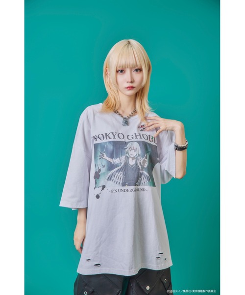 Revo.（レボ）の「『東京喰種 トーキョーグール』×『P.N UNDERGROUND ピー エヌ アンダーグラウンド』コラボ / 鈴屋什造（すずや じゅうぞう） グラフィックプリント ダメージ加工 Tシャツ（Tシャツ/カットソー・メンズ・グレー系/ホワイト/ブラック・M/L/44/46）」の7枚目の写真