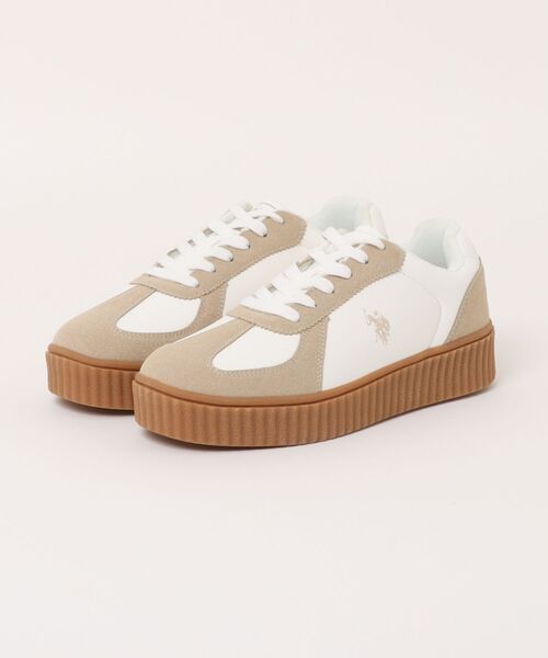 U.S. POLO ASSN.(ユーエスポロアッスン)の「【U.S. POLO ASSN./ユーエスポロアッスン】【上質なPUレザーの高級感】厚底ボリュームソール ワンポイント ローカット コンビネーションスニーカー(スニーカー・メンズ・ブラック/ベージュ/ホワイト・25cm/25.5cm/26cm/26.5cm/27cm)」の1枚目の写真