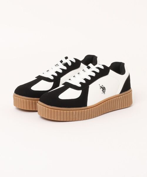 U.S. POLO ASSN.(ユーエスポロアッスン)の「【U.S. POLO ASSN./ユーエスポロアッスン】【上質なPUレザーの高級感】厚底ボリュームソール ワンポイント ローカット コンビネーションスニーカー(スニーカー・メンズ・ブラック/ベージュ/ホワイト・25cm/25.5cm/26cm/26.5cm/27cm)」の2枚目の写真