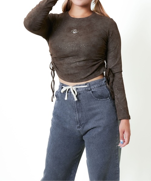 GORGE(ゴージ)の「《ムラ染め風ラメ×裾ドロスト》レディース 長袖Tシャツ プルオーバー きれいめカジュアル 春秋冬(Tシャツ/カットソー・レディース・ブラウン/グリーン/ブラック/グレー/オフホワイト・F)」の12枚目の写真