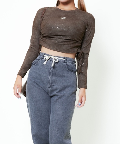 GORGE(ゴージ)の「《ムラ染め風ラメ×裾ドロスト》レディース 長袖Tシャツ プルオーバー きれいめカジュアル 春秋冬(Tシャツ/カットソー・レディース・ブラウン/グリーン/ブラック/グレー/オフホワイト・F)」の13枚目の写真