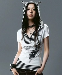 Cest Nous（セヌー）の「【Cest Nous】Striped Cat-Ear Top  / 【セヌー】ボーダーレイヤードキャットイヤー半袖Tシャツ（Tシャツ/カットソー・レディース）」