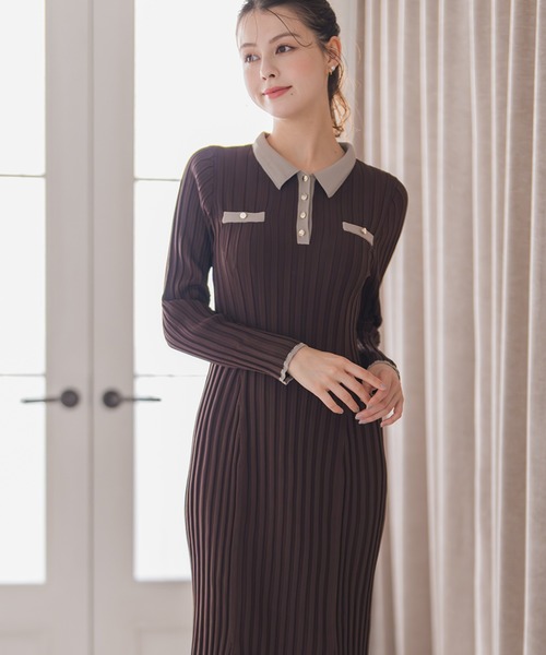 セール】2025秋冬新作 配色ポロ衿ワイドリブニットワンピース