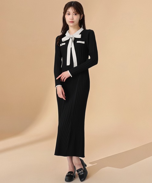 セール】2025秋冬新作 配色ポロ衿ワイドリブニットワンピース