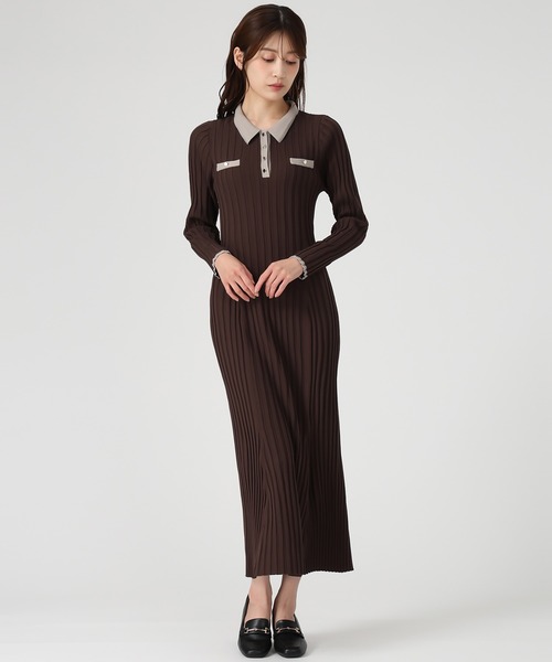 セール】2025秋冬新作 配色ポロ衿ワイドリブニットワンピース