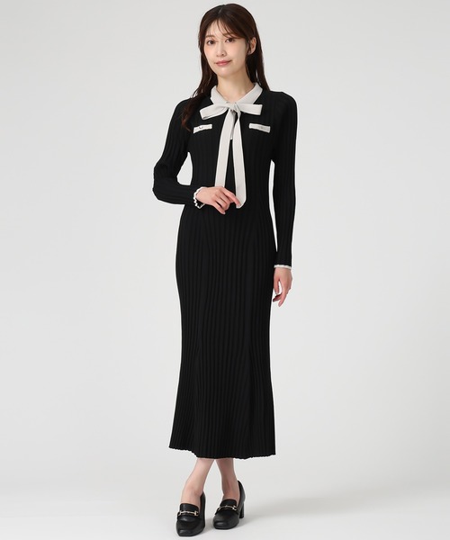 セール】2025秋冬新作 配色ポロ衿ワイドリブニットワンピース