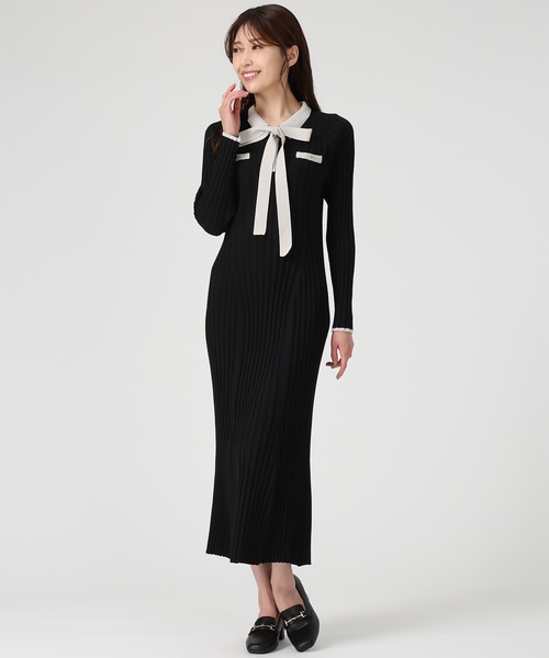 セール】2025秋冬新作 配色ポロ衿ワイドリブニットワンピース