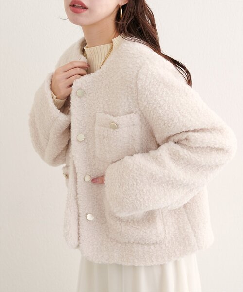 セール】ラメリングボアノーカラージャケット（ノーカラージャケット