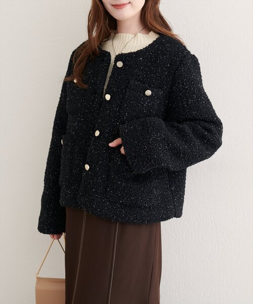 ラメリングボアノーカラージャケット（ノーカラージャケット