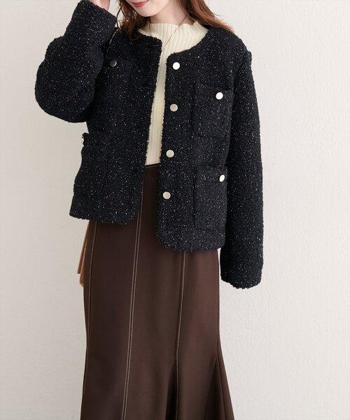 ラメリングボアノーカラージャケット（ノーカラージャケット